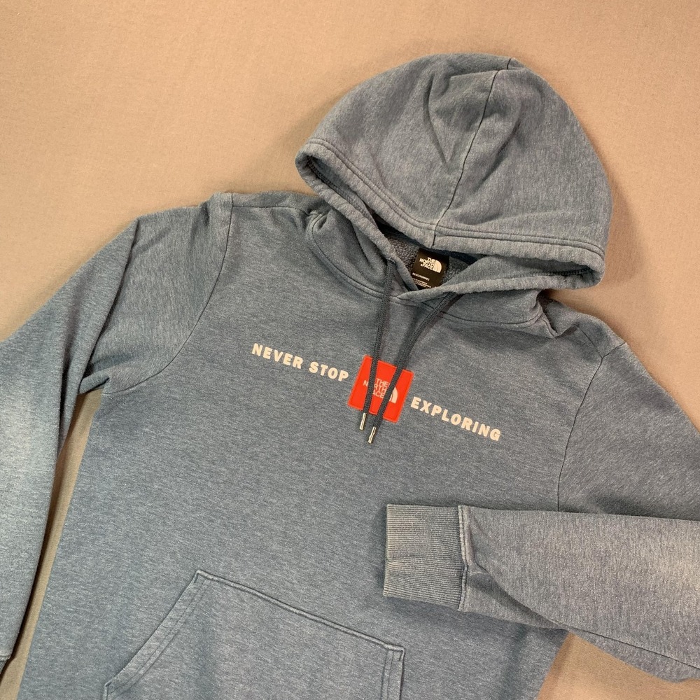 The North Face Hoodie Mens Medium‎ Blue Fleece Pullover Never Stop Exploring